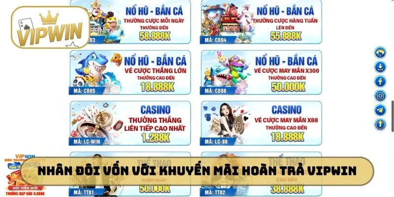 Nhân đôi vốn với khuyến mãi hoàn trả VIPWIN
